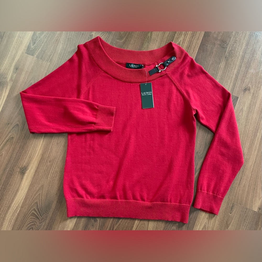 NWT Lauren Ralph Lauren SOLID RED Black Leather Sweater Women Size Large NEW‎